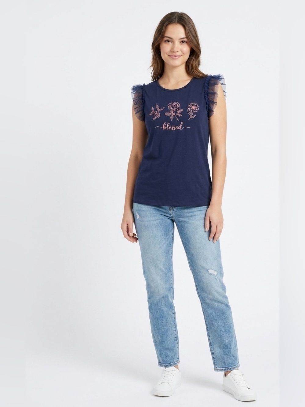 Ava James $32 NWT P2P 16-18” Navy Blue Floral "Blessed" Ruffle Sleeve Top S